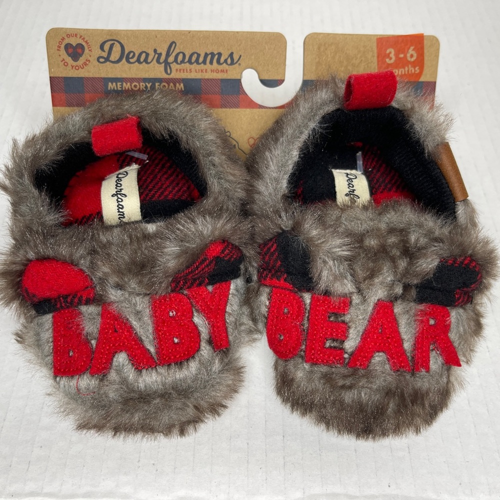 Newborn Dearfoams BABYBEAR Applique Brown Faux Fur Fuzzy Slippers 0-3 MonthsNWT